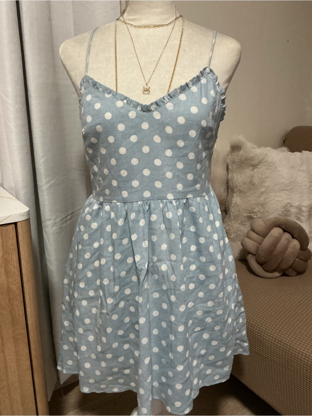Zara Light Blue and White Polka Dot Mini Dress